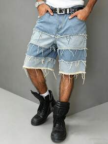 Manfinity EMRG Pantalones cortos vaqueros de pierna ancha con dobladillo desgastado, estilo estadounidense unisex - Azul - Ver 6