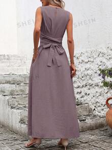 SHEIN Clasi Women Solid Color Crew Neck Sleeveless Waisted Pocketed Casual Dress,Summer Dresses For Women - Purple - View 2