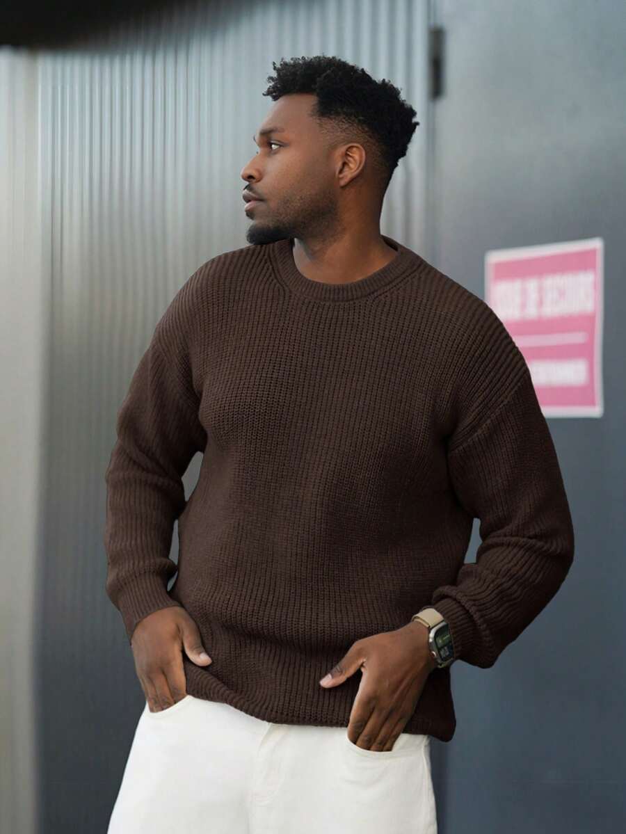 Heavens Edit Men's Basic Solid Color Casual Loose Lightweight Polyester Pique Knit Drop Shoulder Crew Neck Pullover Sweater, Niche Design, Autumn/Winter - Brown - View 1