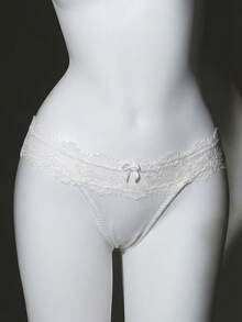 Seduluxe Women's Solid Color Bow Decor Sheer Lace Patchwork Thong Panties - White - View 5