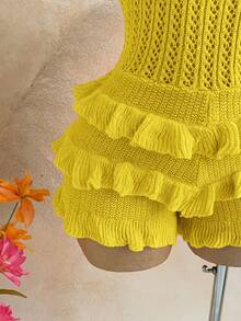 Soleia Damen Urlaubs-Lässig energetischer orangefarbener Blumen-Dekor Rüschen-Saum Jumpsuit, geeignet für Strand, Kreuzfahrt, Stadturlaub, Urlaub, Musikfestival, Boho, Strand, Sommer, Musikfestival-Outfit, vielseitig für alle Jahreszeiten, täglicher Arbeitsweg - Gelb - Übersicht 5