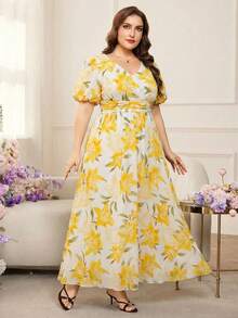 Modelyn Romantic Chiffon Floral Print Puff Sleeve A-Line Plus Size Maxi Dress, Spring/Summer - Multicolor - View 5