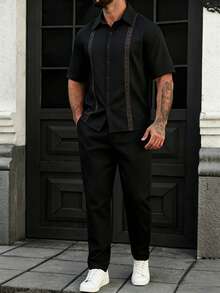 Manfinity CasualCool Bộ áo sơ mi và quần nam với họa tiết dây dệt trang trí. - màu đen - Xem 7