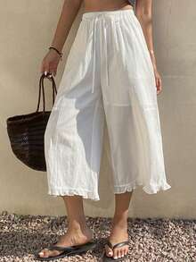 Livesso 女士白色荷叶边休闲纯棉长裤，适合春夏度假穿着 - 白色 - 查看 8