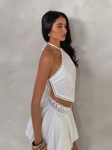 Glamine Charm Áo kiểu nữ thời trang mới, chất liệu cotton nguyên chất, màu trơn, có ren, thích hợp cho tiệc tùng, đi biển, kỳ nghỉ. Áo kiểu cổ yếm màu trắng ngọc trai thanh lịch dành cho nữ. - trắng - Xem 4