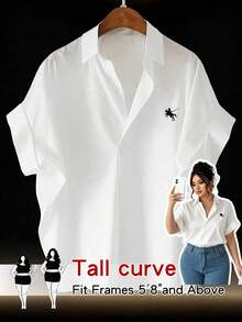 SHEIN Tall CURVE 大码女式白色刺绣短袖V领衬衫，柔软面料，无袖上衣，高个版型，适合毕业典礼、节日、情人节、音乐节、母亲节、万圣节、感恩节、复活节、国庆节、舞会、约会、派对、婚礼、户外活动等场合。 - 白色 - 查看 1