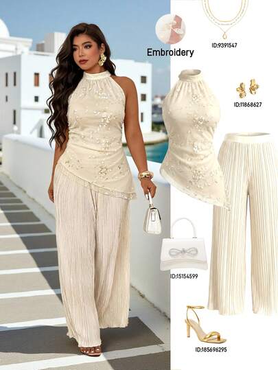 Femmeverse Bộ 2 món dành cho nữ cỡ lớn, gồm áo lưới thêu hoa, vạt bất đối xứng và quần ống rộng, màu mơ nhạt.