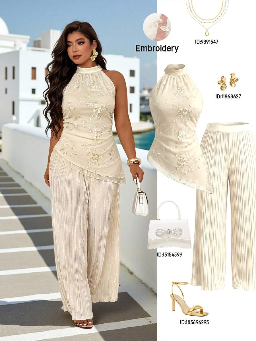 Femmeverse 2pcs Plus Size Women's Floral Embroidery Mesh Fabric Asymmetric Hem Top And Wide Leg Pants Set, Light Apricot - Apricot - View 1