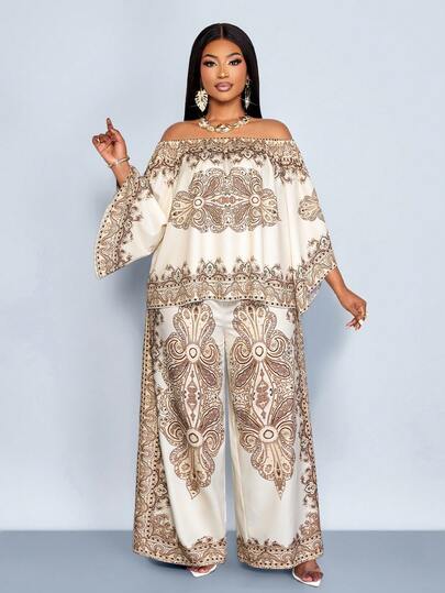 SOLERSUN Women's 2pcs/Set Plus Size Line Floral Print Vacation Casual Spring/Summer Off-Shoulder Shirt And Wide Leg Pants