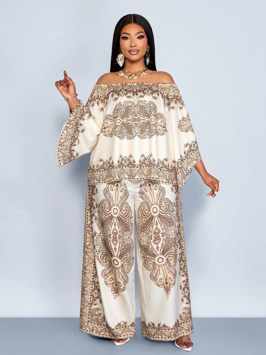 SOLERSUN Women's 2pcs/Set Plus Size Line Floral Print Vacation Casual Spring/Summer Off-Shoulder Shirt And Wide Leg Pants Clothes For Women 2 Piece Set Co Ord Sets Women - Khaki - View 1