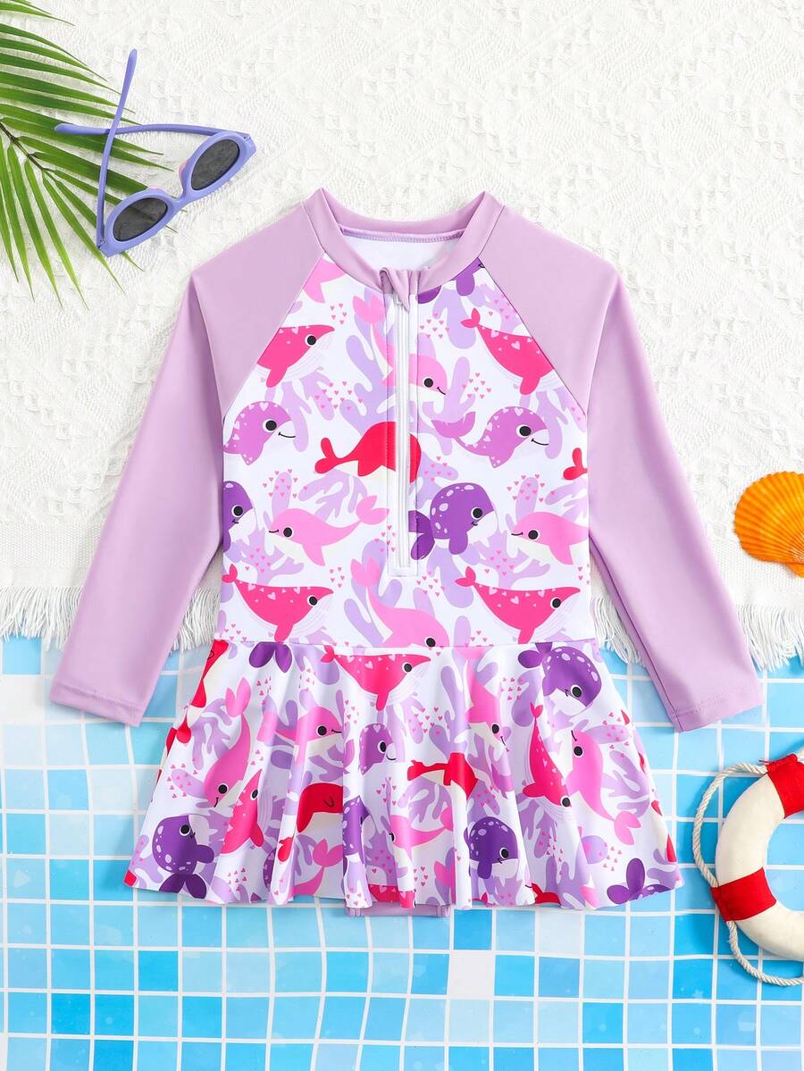 SHEIN Playful Pals 卡通印花长袖连体泳衣,适合年轻女孩,可用于海滩度假、泳池派对等场合。 - 紫色 - 查看 1