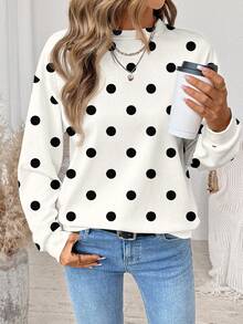 SHEIN LUNE Sudadera holgada de verano para mujer con cuello redondo y manga larga, de estilo minimalista casual, elegante y versátil, con estampado retro de lunares - Multicolor - Ver 3