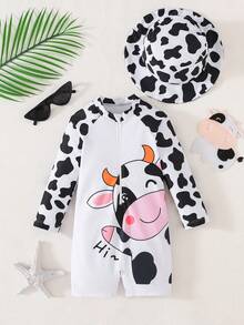 SHEIN Bộ 2 món gồm áo tắm dài tay và mũ bơi họa tiết bò sữa dễ thương dành cho bé trai, thích hợp cho kỳ nghỉ xuân/hè, ở nhà, ngoài trời, du lịch, bãi biển, hồ bơi, tiệc tùng. - Màu xanh lam - Xem 4