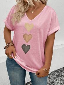 Selamara Camiseta casual y versátil de mujer con cuello en V, puños vueltos y estampado de corazón degradado, para primavera/verano - Rosa - Ver 5