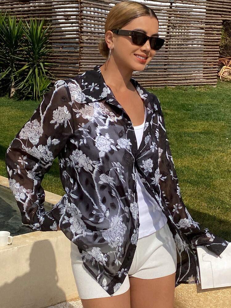 Women's Full Flower Print Loose Casual Long Sleeve Shirt, Suitable For Vacation Floral Summer