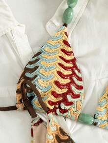 Swim Chiccia 女士沙滩音乐节春夏针织提花面料串珠时尚优雅露背丁字裤比基尼套装 - 彩色 - 查看 3