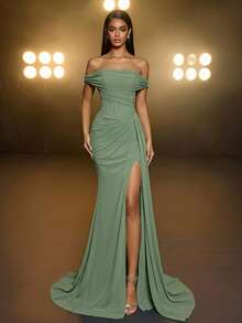 Glamrae Minimalist Distressed Khaki Ruched Off-Shoulder Semi-Sheer Fishtail Slit Formal Evening Gown - Green - View 1
