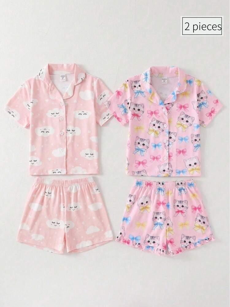 Set de 2 piezas de pijama cómodo con top de cárdigan de manga corta con estampado de nube rosa y pestañas, y shorts para niña joven - Rosa - Añade 1