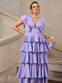 VOLUPTÉ CURVE Plus Size Spring/Summer Lavender Chiffon V-Neck Ruffle Sleeve High Waist Tiered Cake Skirt Long Elegant Wedding Guest Birthday Party Graduation Season Dress - Purple - View 5