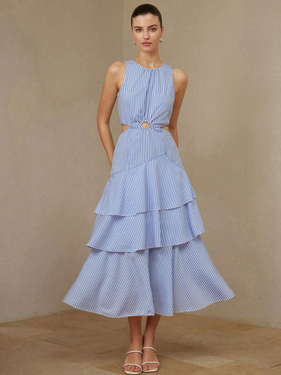 Zanirela Blue And White Stripe,Summer,Casual,Tea Party,Vacation Waist Hollow Out Multi-Layer Dress,Nautical Resort Style,Elegant Tiered Cake Dress,Sleeveless - Multicolor - View 1