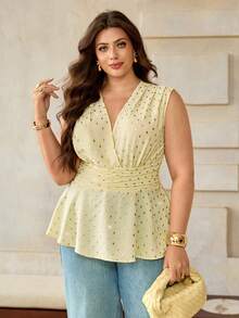 Roveilla Plus Size Women's Elegant Summer Butter Yellow Foil Print Sleeveless Blouse, Vintage A-Line Shirred Shoulder Ruched Cinched Waist Peplum Tops Brunch - Yellow - View 4