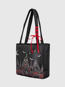 ROMWE Kawaii Bolso de hombro grande, duradero y portátil con patrón de murciélago de iglesia para mujeres 1645621 - Iglesia de línea - Ver 2