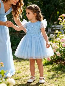 SHEIN Glamorique Kids Elegant Sky Blue Summer Flower Girl Dress,Young Girls Floral Mesh A-Line Tutu Princess Birthday Party Gown,Kids Formal Tulle Flower Applique Dress - White - View 4