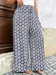Breezaya Pantalones anchos de pierna ancha con estampado todo sobre y nudos para tallas grandes - Azul Marino - Ver 1