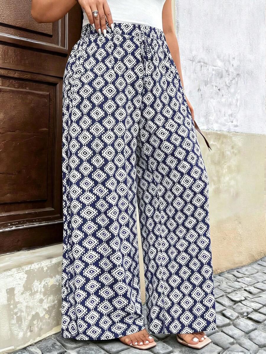 Breezaya Pantalones anchos de pierna ancha con estampado todo sobre y nudos para tallas grandes - Azul Marino - Ver 1