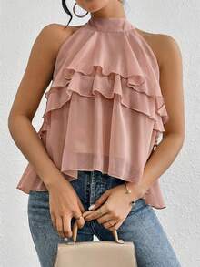 Firerie Loose Neck Ruffle Asymmetrical Chiffon Blouse,Summer Top - Dusty Pink - View 5
