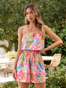 KARISMINA 女士度假植物图案抹胸连体裤 - 粉色 - 查看 4