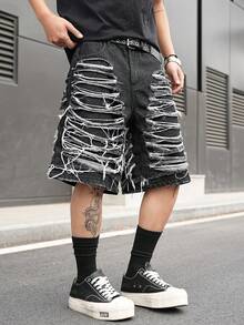 Manfinity EMRG 男士休闲做旧黑色牛仔短裤 - 黑色 - 查看 8