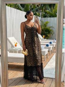 SHEIN Lady CURVE Plus Size Leopard Print Camisole Dress Wedding Guest Vacation Chocolate Brown Summer Sexy Elegant - Multicolor - View 4