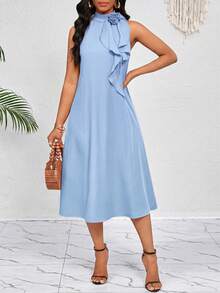 SHEIN Lady Women Elegant Light Blue Flowy Halterneck Long Dress With Ruffled And Floral Detailing Perfect For Summer Occasions - Baby Blue - View 5