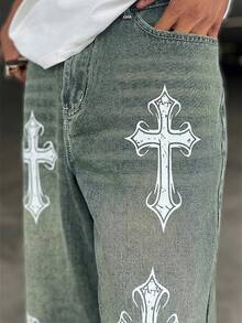 Ngobest Haus Ngobest Haus HEHCN 男士十字印花口袋宽松休闲牛仔裤，Y2K 复古宽松蓝色街头风格阔腿牛仔裤 - 橄欖綠 - 查看 3