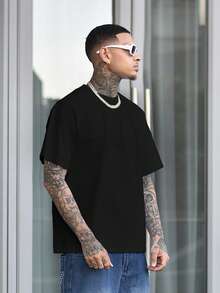 Devon Thys Men's Solid Color Low Elasticity Simple Lightweight Loose Fit Short Sleeve T-Shirt, Versatile For Summer - Black - View 4