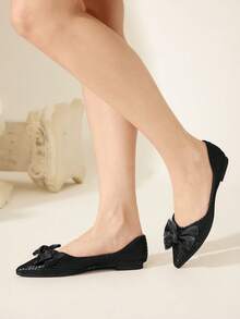 CUCCOO CHICEST Pointed Flat Bottom Comfortable And Fashionable Versatile Fairy Bow Ballet Soft Sole Black Low Vamp Flat Shoes - Black - View 5