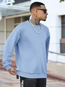 Devon Thys Men's Casual Solid Color Crew Neck Long Sleeve Pullover Sweatshirt, For Fall - Baby Blue - View 4