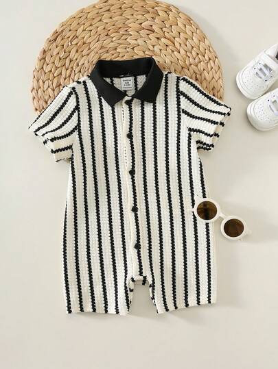 SHEIN Unisex Newborn Baby Boy/Girl Casual Cute Striped Short Sleeve Romper, Baby Boy Outfit Sets, Baby Boy Summer Clothes