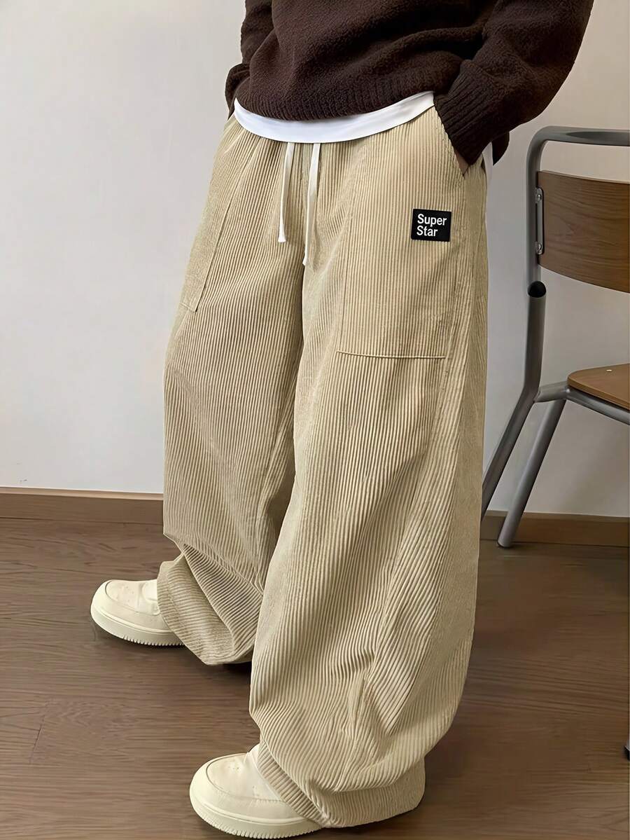 AXEPEAK Men's Casual Daily Patch Detail Drawstring Waist Pants - Khaki - View 1