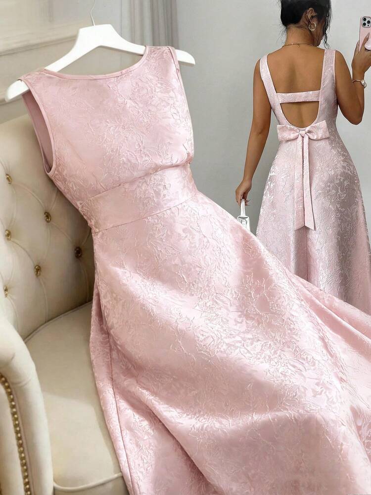 light pink jacquard dress Light Pink Floral Jacquard Midi Dress - All Dresses