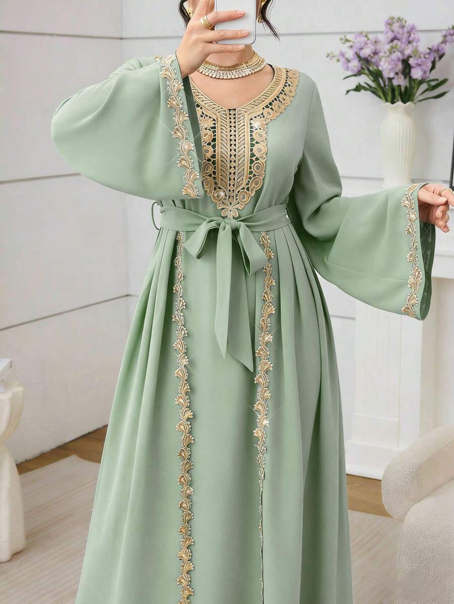 SHEIN Najma Đầm cocktail dài tay màu đỏ rượu vang, cổ thêu, xếp ly, thích hợp dự tiệc. - màu xanh lá - Xem 1