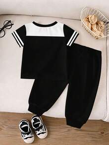2pcs/Set Baby Boy Casual Sports Style Brooklyn 23 Colorblock Round Neck Short Sleeve T-Shirt And Pants Set, Spring To Summer - Multicolor - View 2