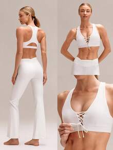 GLOWMODE FeatherFit™-Sculpt PowerLace V-Neck Push-Up Racerback Lace-Up Sports Bra Training Running Workout Gym Daily Active Wear - White - View 9