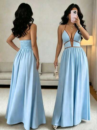 Rafferiza Đầm slip không tay cổ chữ V màu trơn thời trang mới, đầm maxi gợi cảm kiểu dáng nghỉ hè cho nữ, thích hợp đi biển, dã ngoại, màu xanh dương.