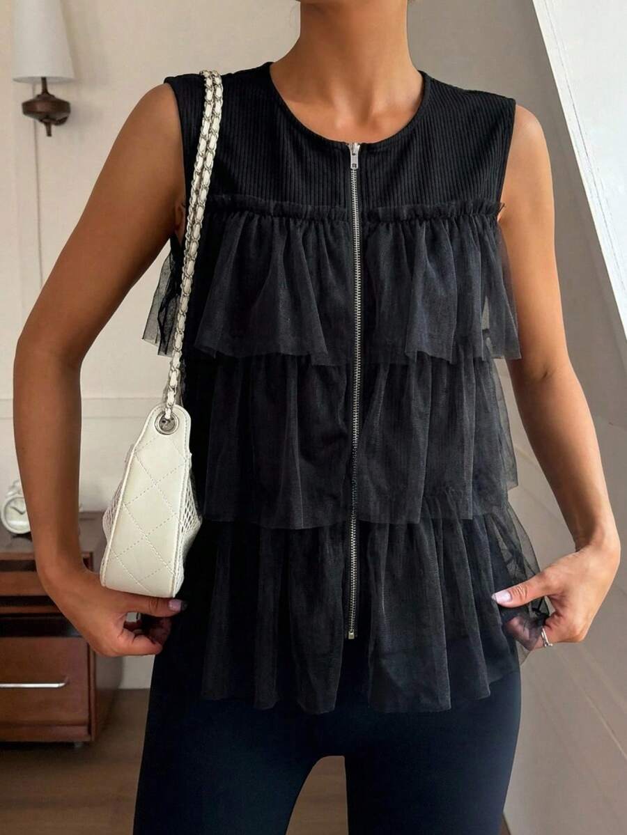 FRIFUL Women's T-Shirt With Zipper, Layered Mesh Pleated Design, Loose Casual Versatile Summer Outfit, Suitable For Vacation And Music Festivals - Black - View 1