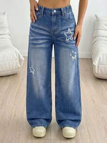 Quần jeans ống rộng cho bé gái, phong cách Y2K, màu xanh nhạt cổ điển, cạp cao, chun co giãn, ống suông rộng, thêu sao 3D, phù hợp cho các lễ hội âm nhạc, kỳ nghỉ, lễ tốt nghiệp, mặc hàng ngày, quần jeans đa năng thời trang mới cho bé gái. - Rửa tối - Xem 5