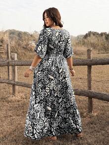 Ceyna Vestido de verano casual, de fiesta y de vacaciones con cuello en V y estampado total para mujer de talla grande - Negro - Ver 2