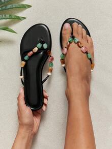 Solezae Women's Alba Stones Embellished T Thong Straps Flip Flop Flat Sandals - Black - View 8