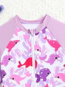 SHEIN Playful Pals 卡通印花长袖连体泳衣，适合年轻女孩，可用于海滩度假、泳池派对等场合。 - 紫色 - 查看 4